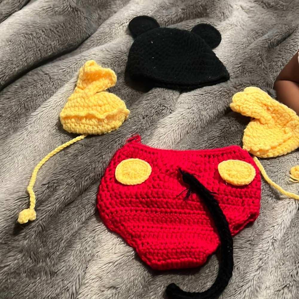 Hand knitted Mickey Mouse baby costume